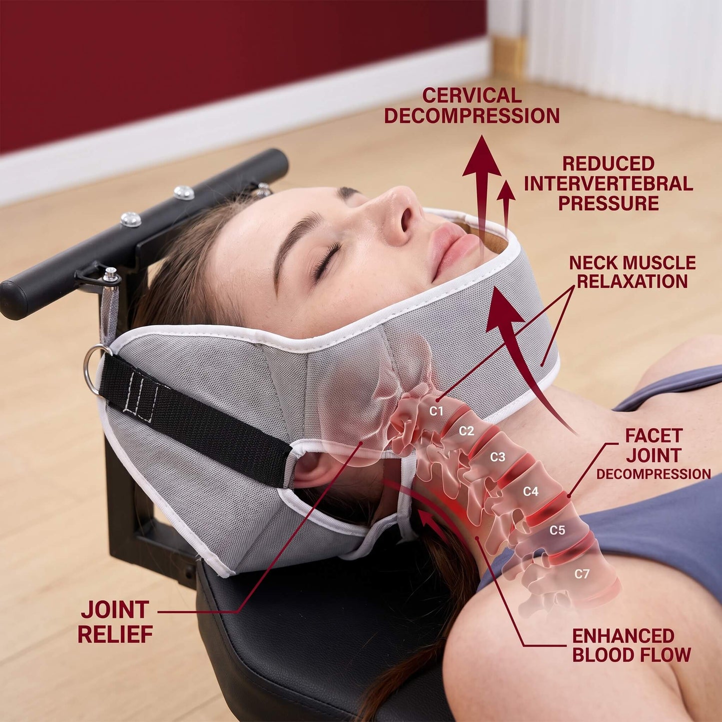 Person using a Full Body Stretching Machine with Cervical Traction & Spinal Decompression with labeled benefits on a wooden floor.