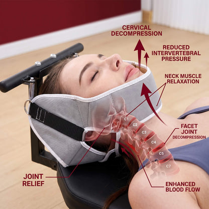 Person using a Full Body Stretching Machine with Cervical Traction & Spinal Decompression with labeled benefits on a wooden floor.