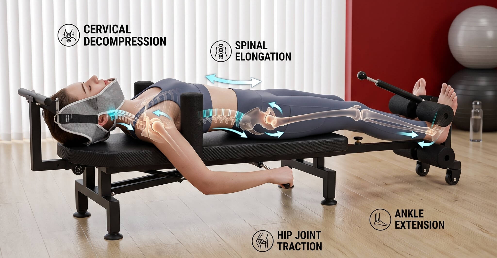Person using a cervical decompression machine with labeled parts on a wooden floor.