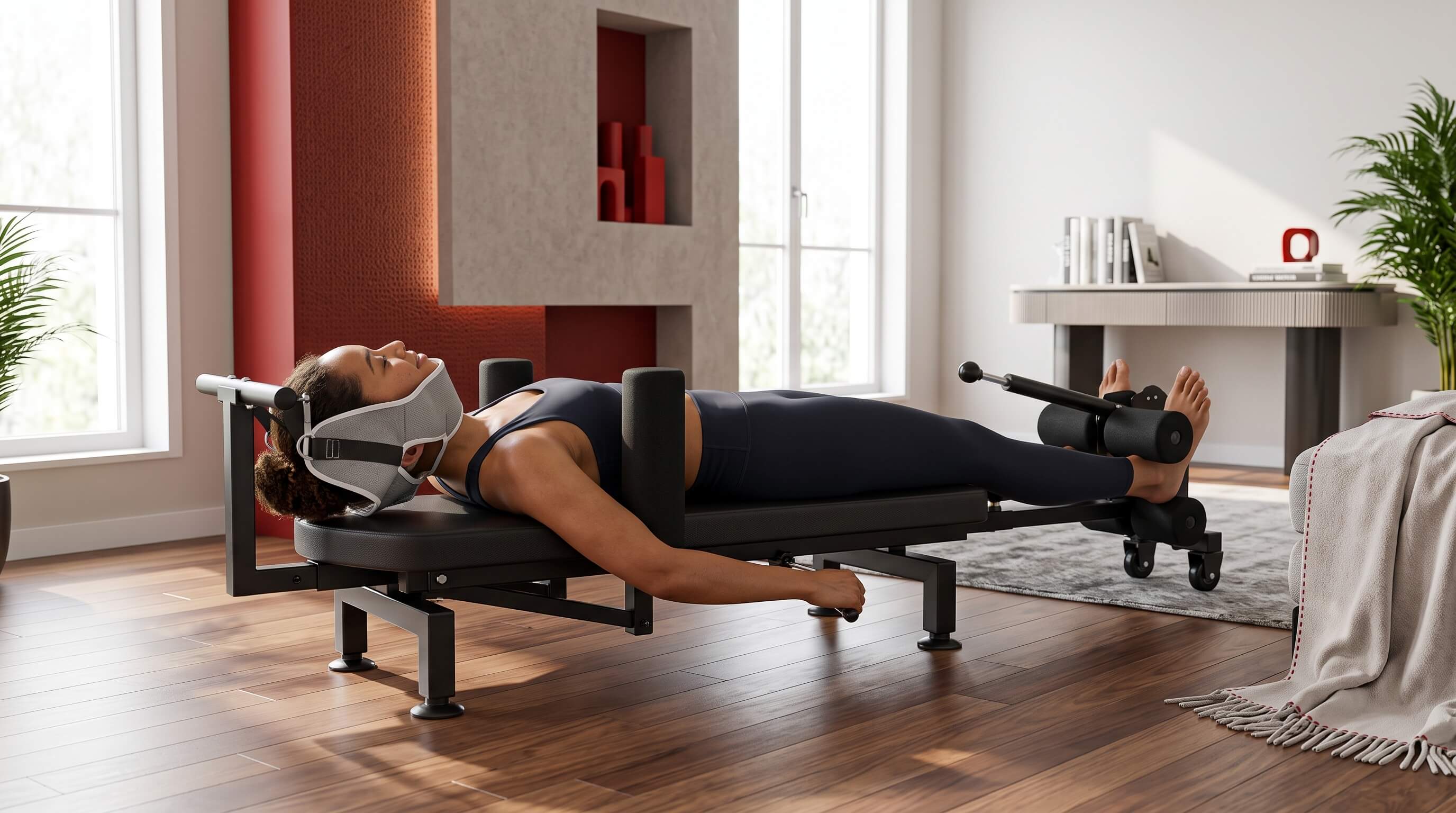 Person using a Full Body Stretching Machine with Cervical Traction & Spinal Decompression in a modern living room.