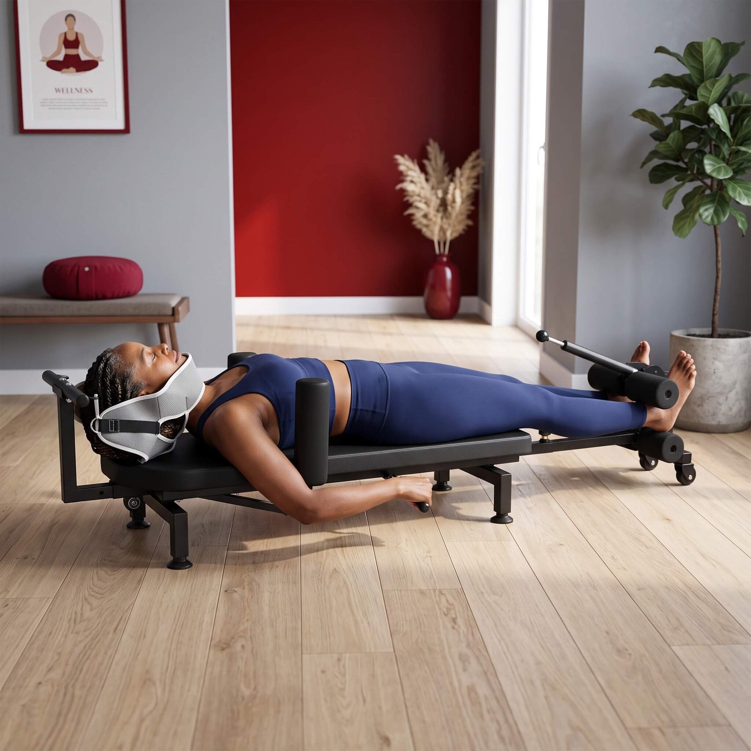 Woman exercising on a Full Body Stretching Machine with Cervical Traction & Spinal Decompression setting with a red wall and plants.