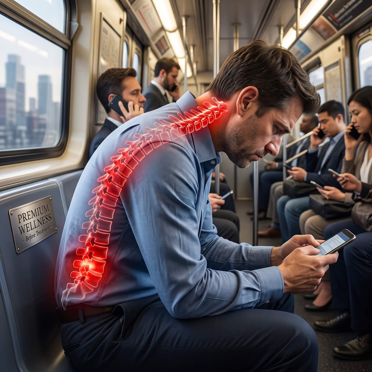 Man sitting on a train with highlighted back pain, surrounded by commuters.