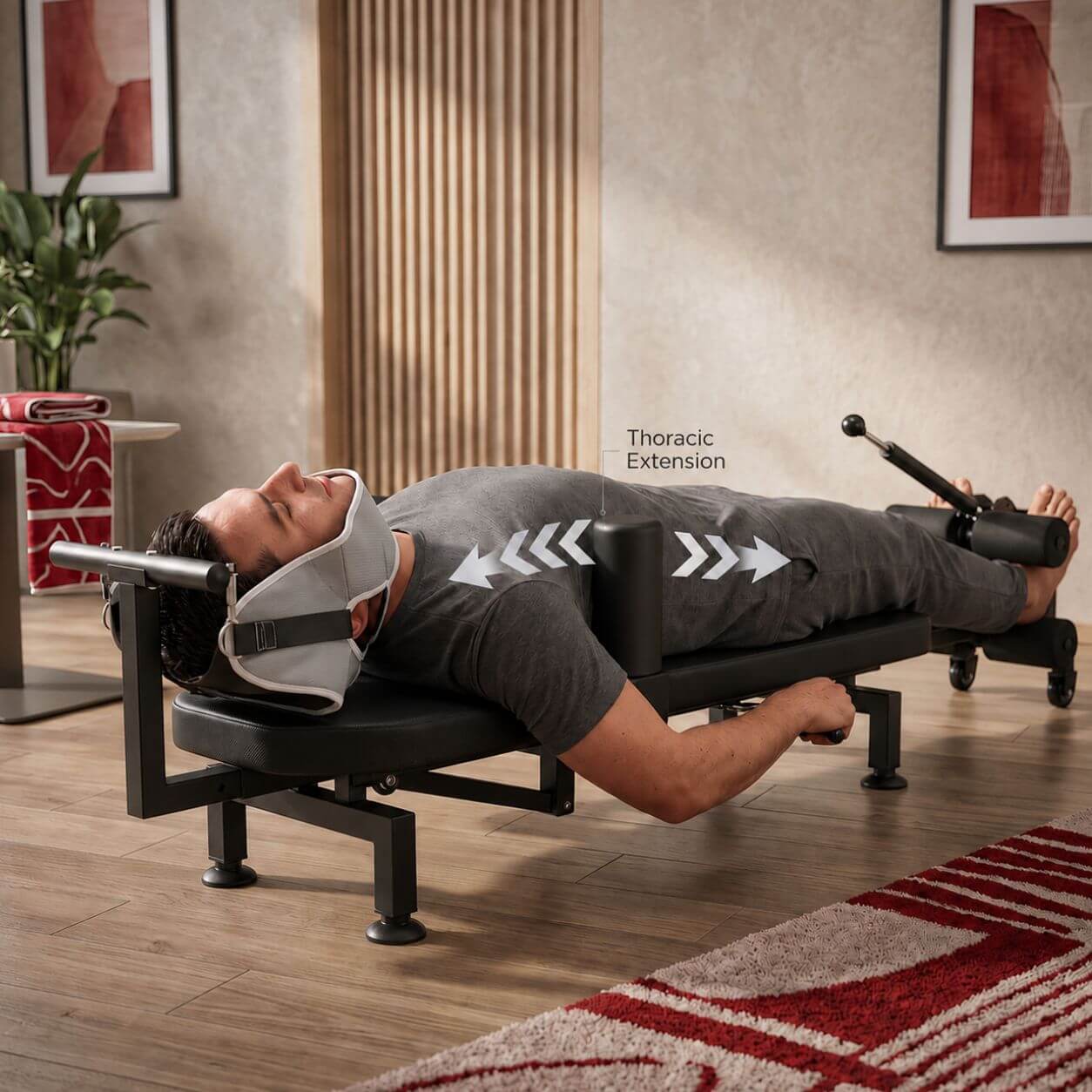Person using a Full Body Stretching Machine with Cervical Traction & Spinal Decompression in a living room setting