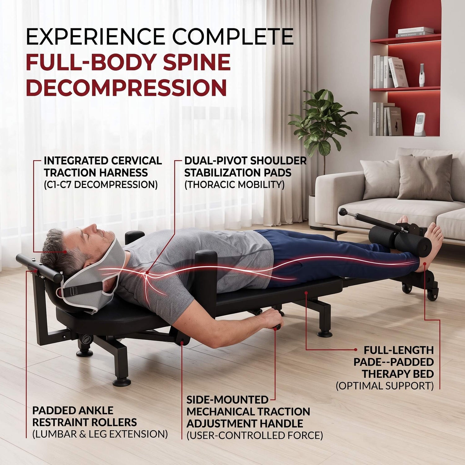 Person using a full-body spine decompression machine in a living room setting.