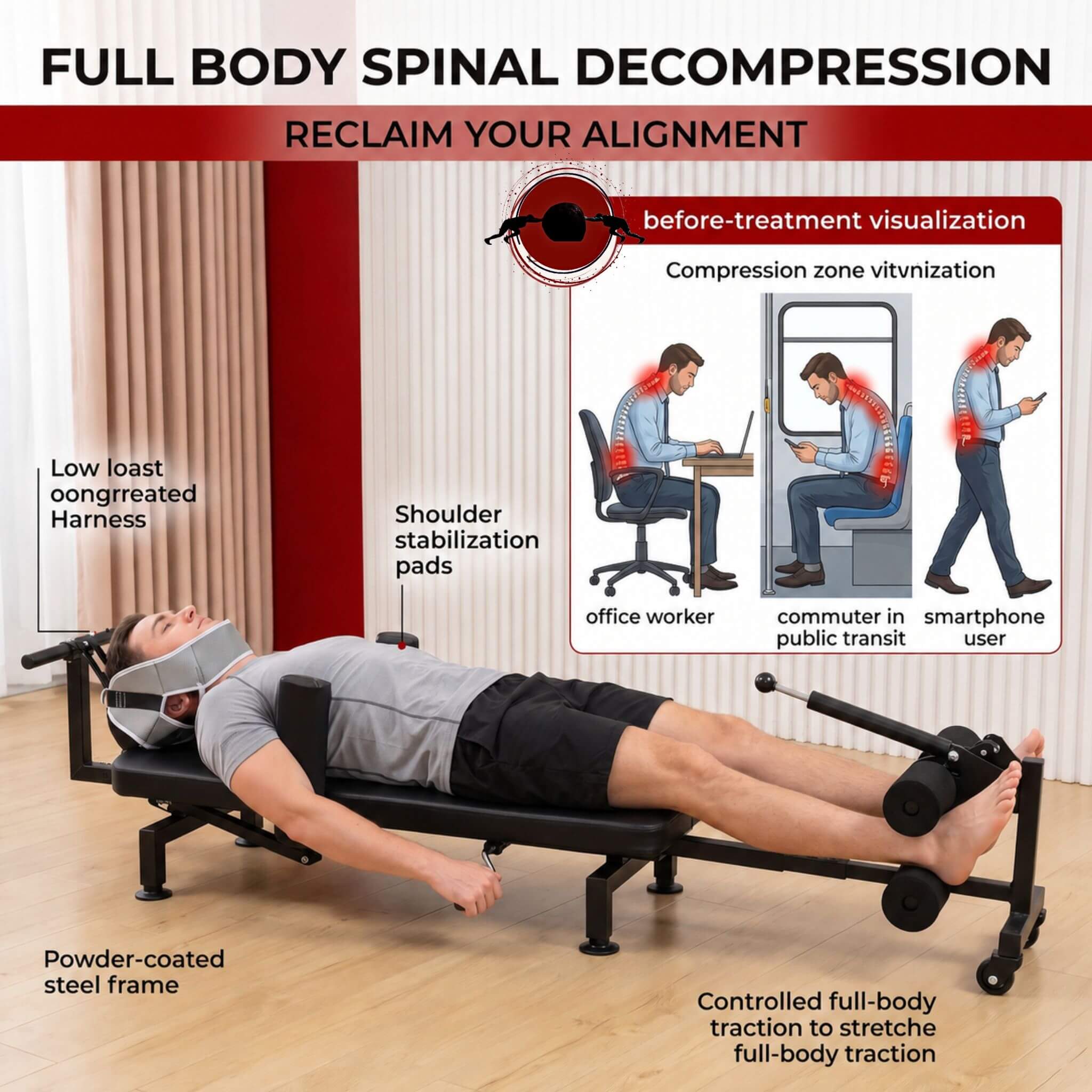 Spinal decompression machine with a person using it, labeled parts, and illustrations of its benefits.