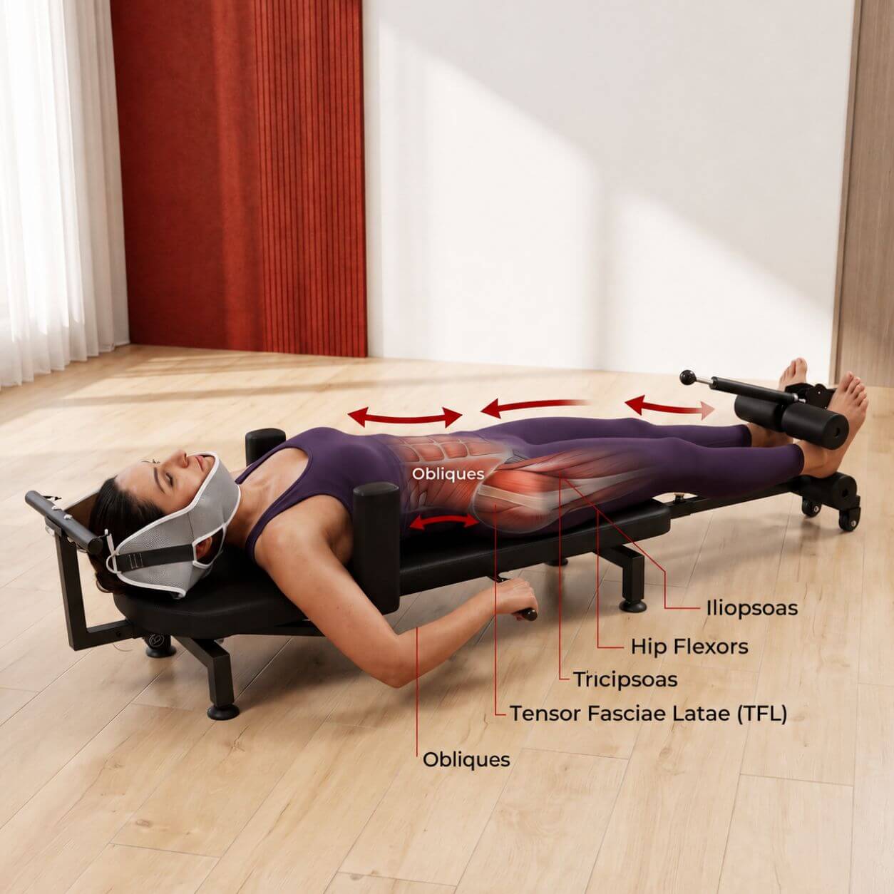 Woman using a Full Body Stretching Machine with Cervical Traction & Spinal Decompression on a wooden floor.