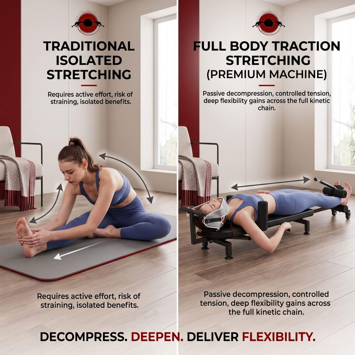 Comparison of traditional isolated stretching and full body traction stretching with a machine.