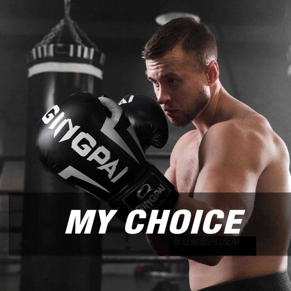 A man training with a black PU boxing gloves sold by 100 Spartans