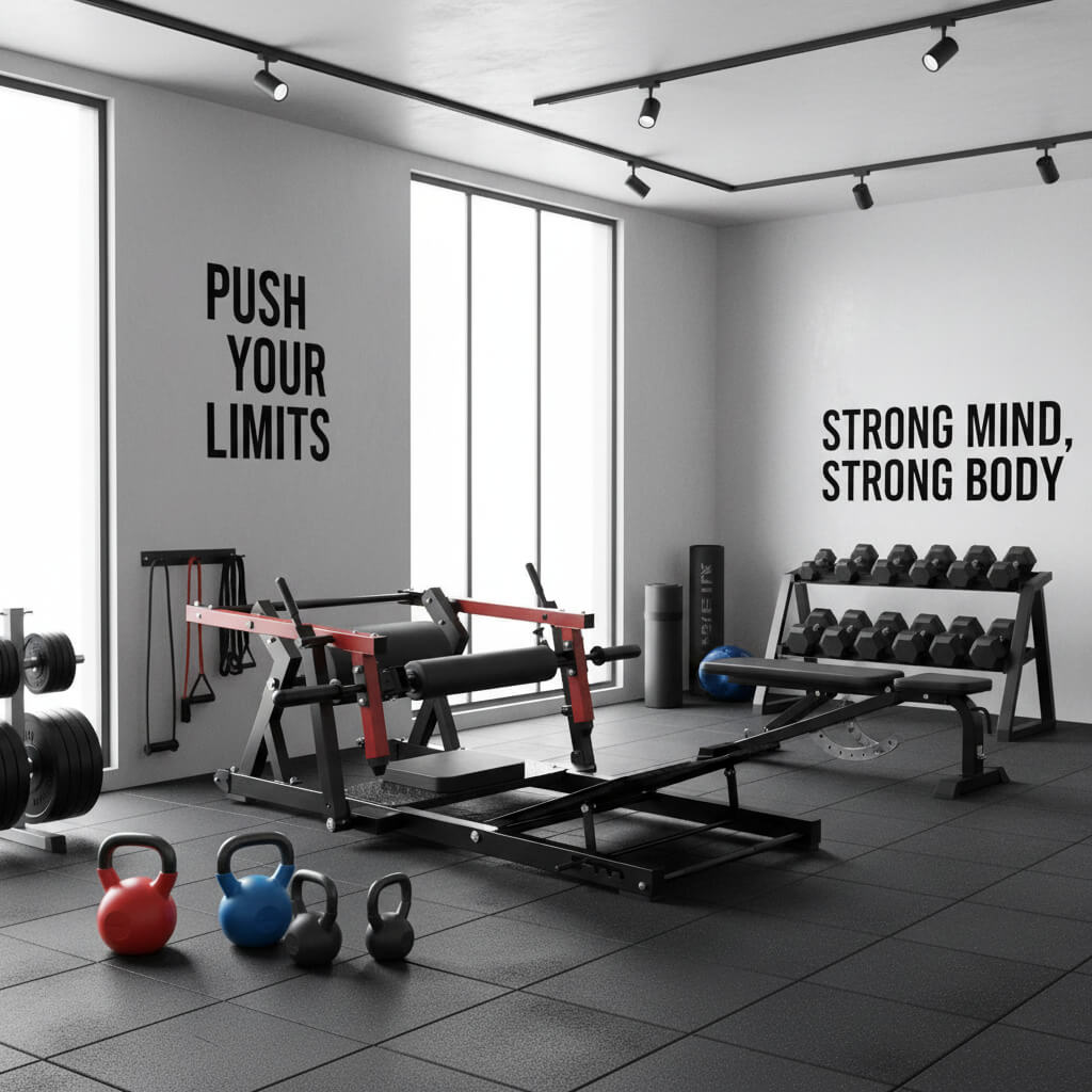 Black and red exercise glute bridge machine surrounded by other home fitness equipment