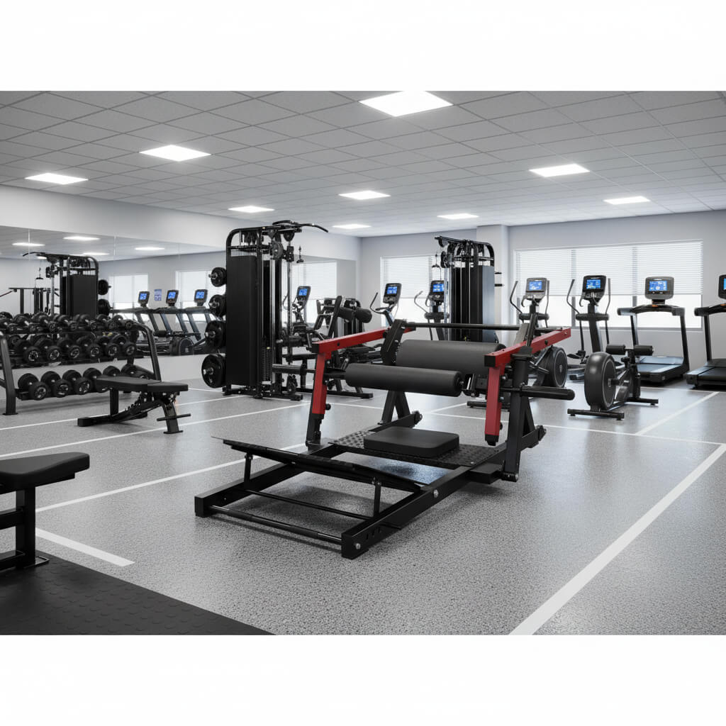 Black and red glute bridge machine in a commercial gym.