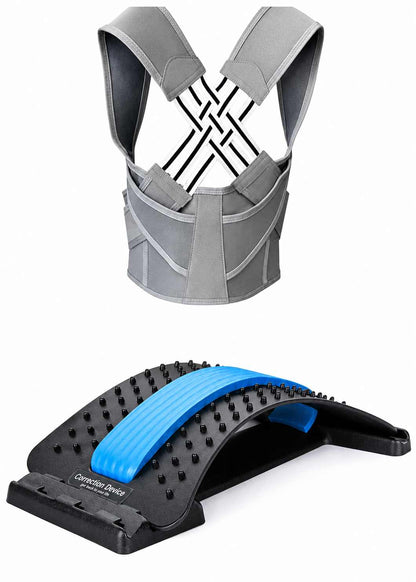 A gray posture corrector brace with adjustable shoulder straps and a black arch support heel pad featuring a blue textured strap, shown on a plain white background.