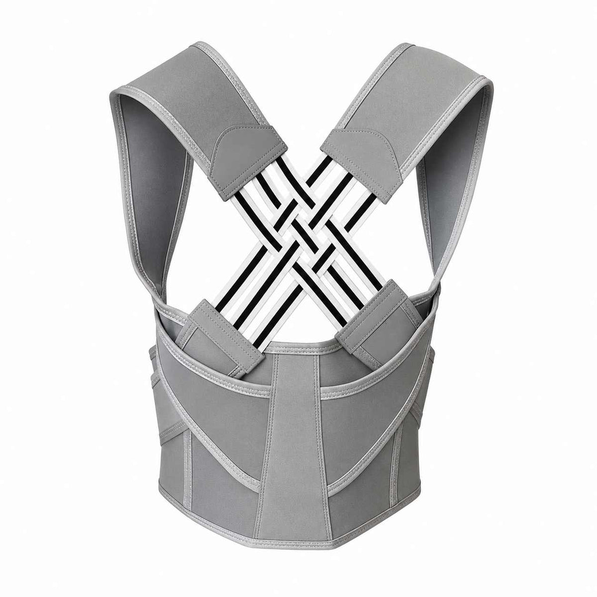 A gray posture corrector brace with adjustable shoulder straps and a black-and-white crisscross support band across the upper back, shown on a plain white background.