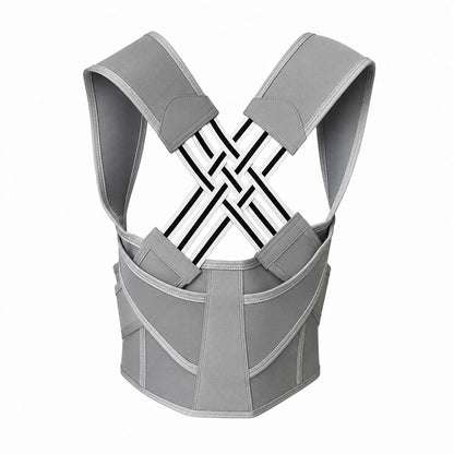 A gray posture corrector brace with adjustable shoulder straps and a black-and-white crisscross support band across the upper back, shown on a plain white background.