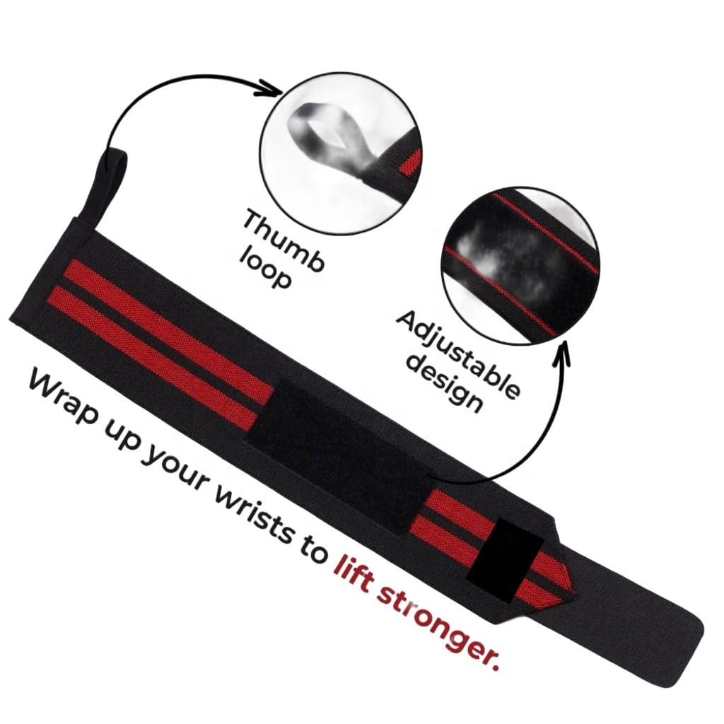 Black wrist wrap with red accents, thumb loop, and adjustable design on a white background.