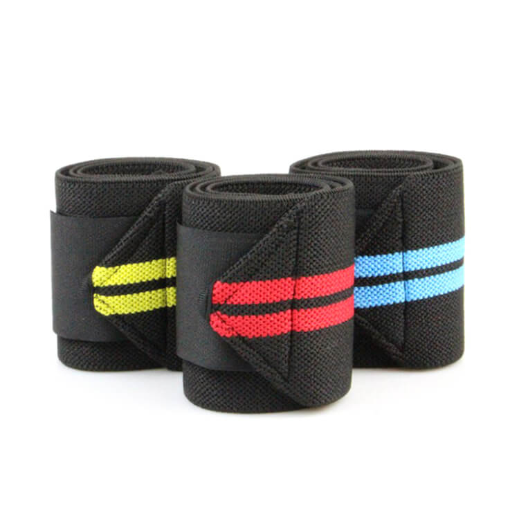 Three black wrist wraps with colorful stripes on a white background