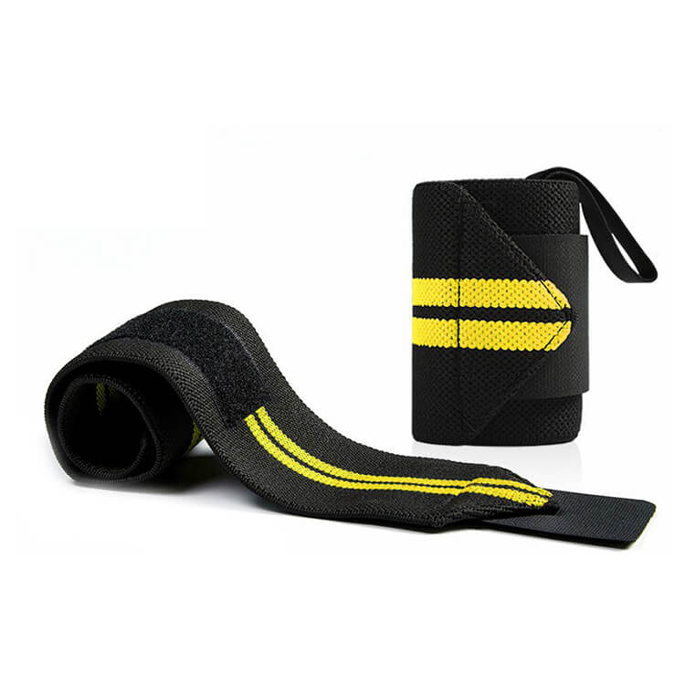 Black wrist wrap with yellow stripes on a white background