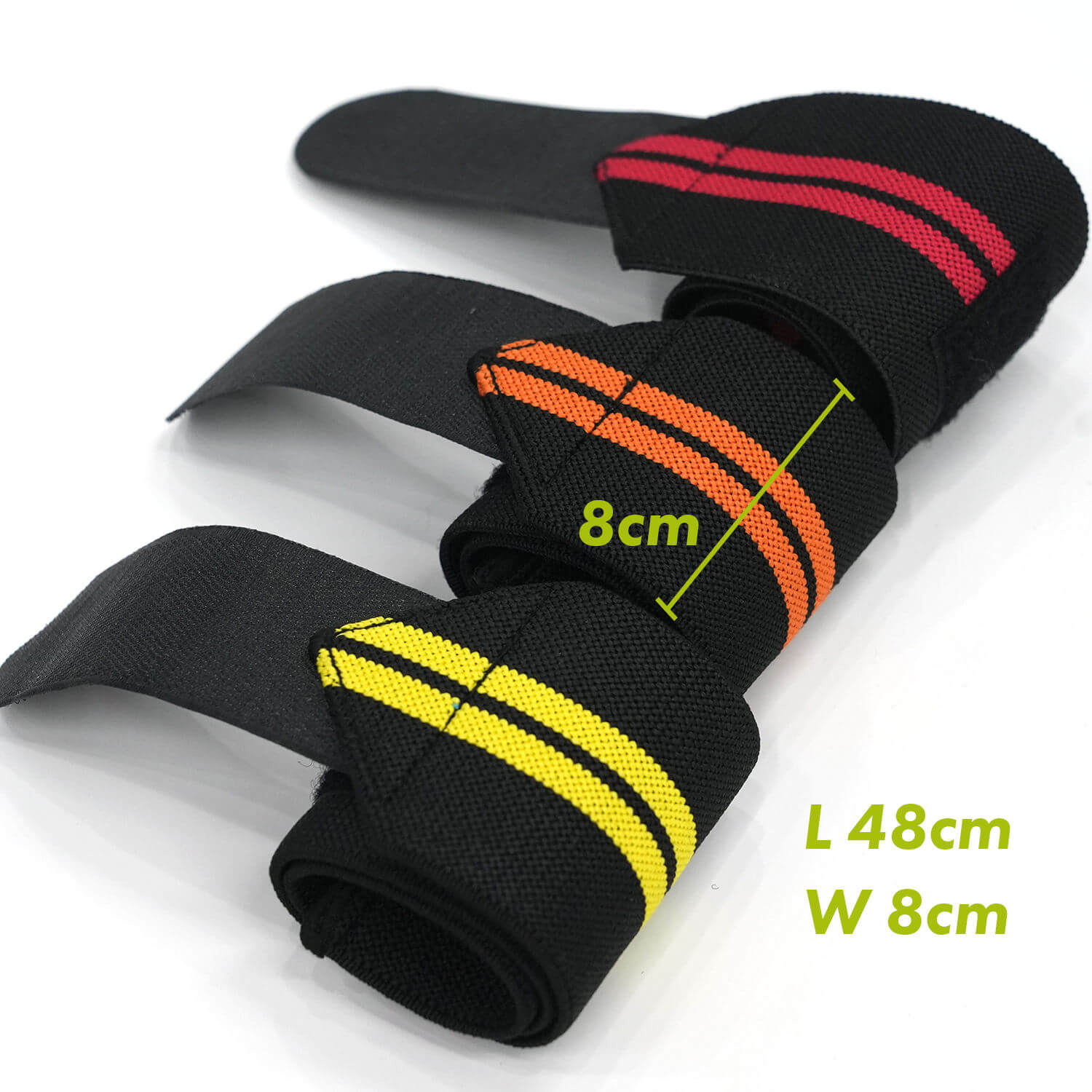 Black wrist wraps with colorful stripes and measurements on a white background