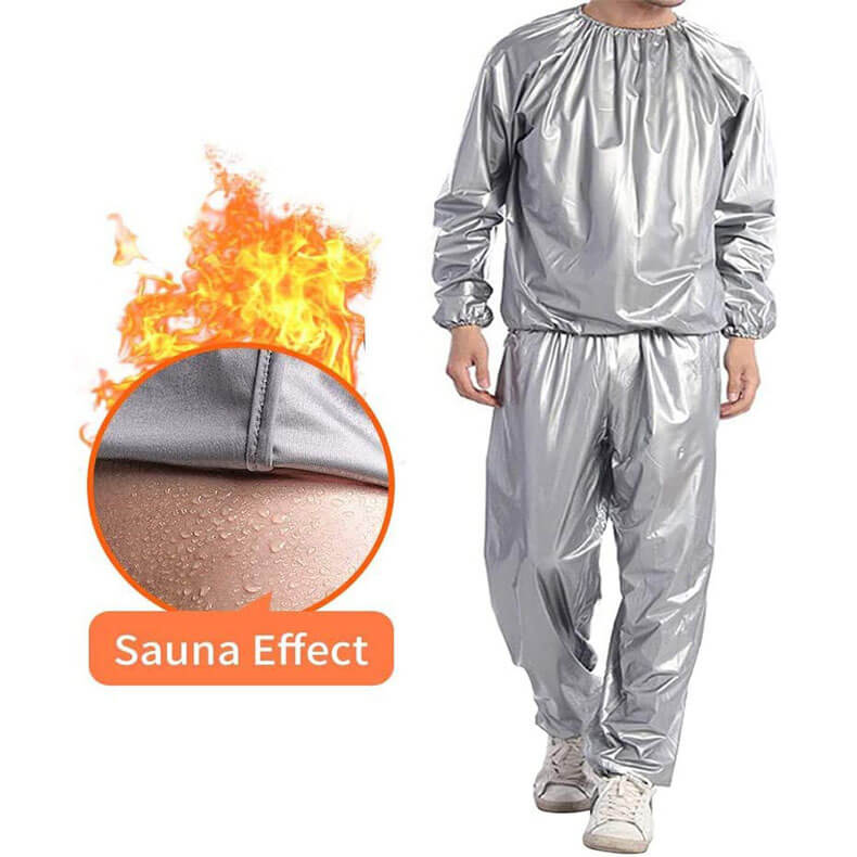Silver sauna suit with flame graphic and close-up of material texture on a white background