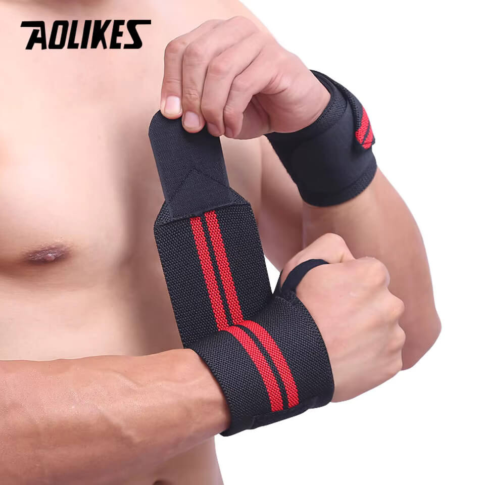 Person wearing black wrist support with red stripes, brand 'Aolikes' visible