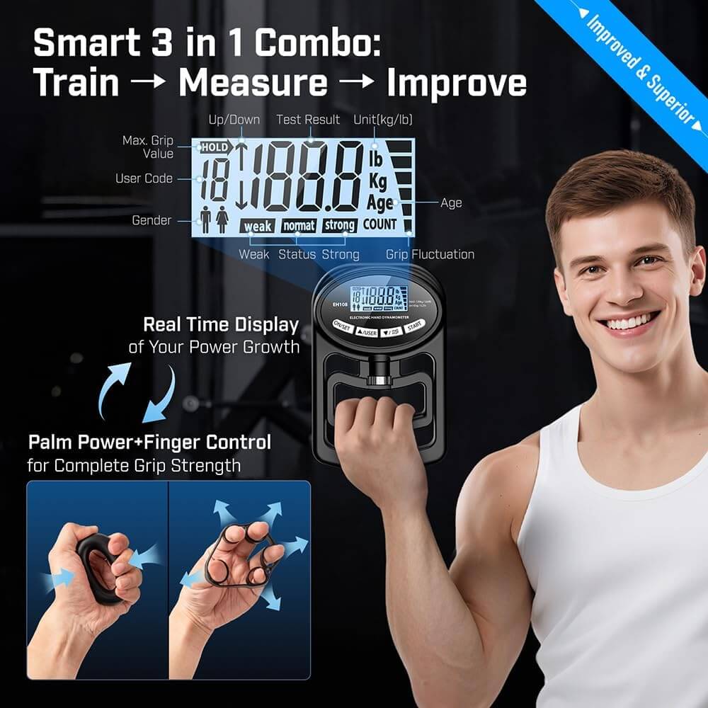 Hand Grip Strength Dynamometer with digital display and a person using it, set against a dark background.