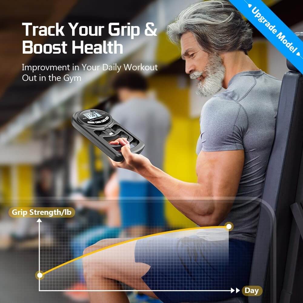 Man using a Hand Grip Strength Dynamometer in a gym setting with text about tracking grip strength and boosting health.