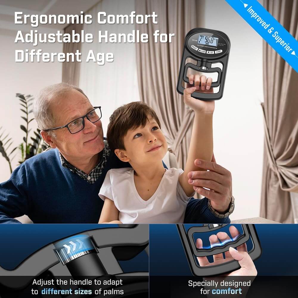 Man and child using a Hand Grip Strength Dynamometer with text highlighting ergonomic comfort and adjustable handle.