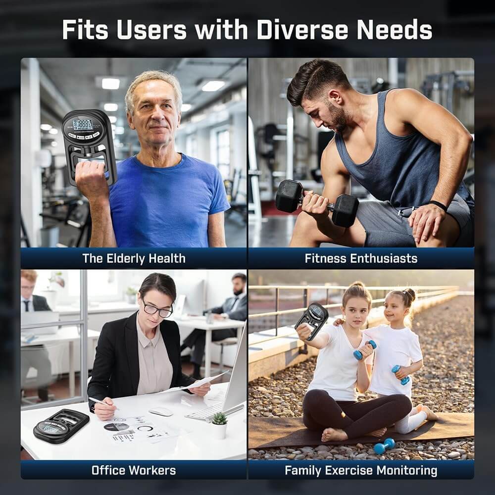 Four scenarios showing how a Hand Grip Strength Dynamometer fits different user needs: Elderly Health, Fitness Enthusiasts, Office Workers, and Family Exercise Monitoring.