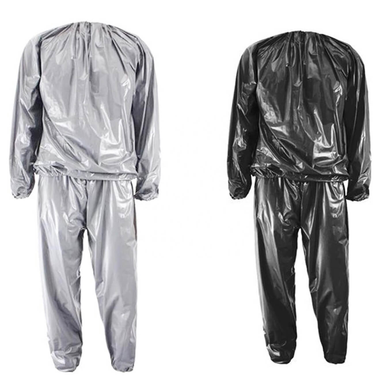 Sauna sweat suit and pants set shown from front and back on a white background