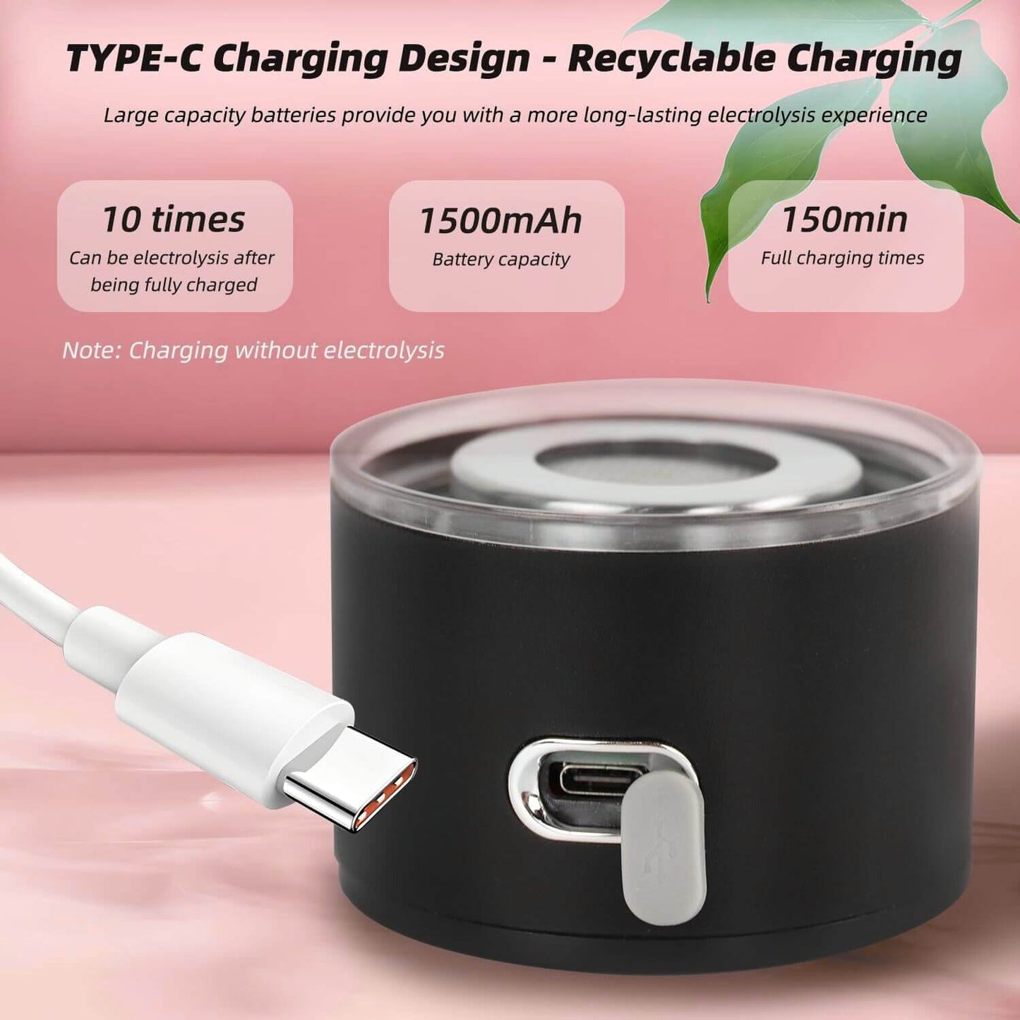 Black cap for a portable hydrogen water bottle with USB-C charging cable on a pink background