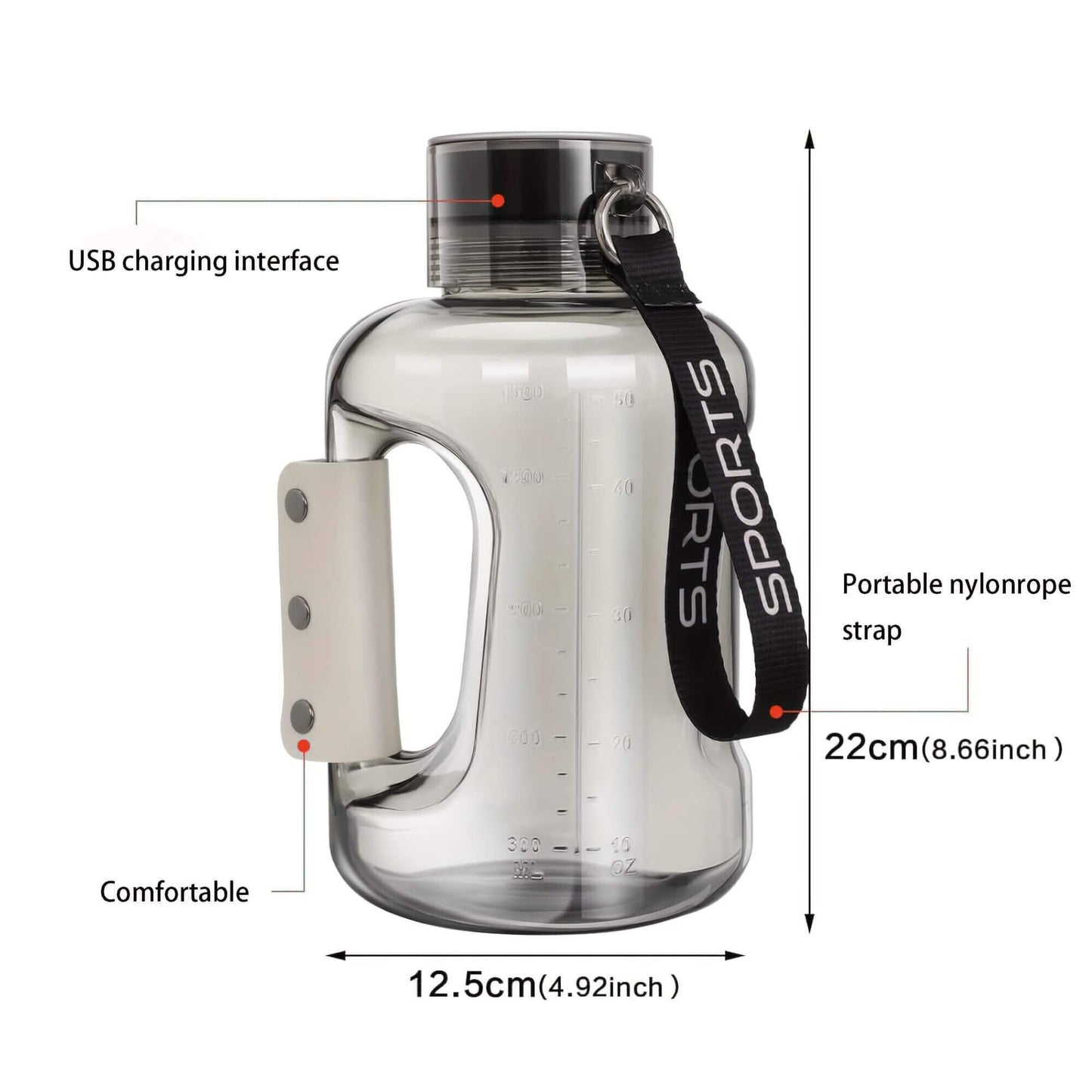 A grey portable water bottle with USB charging interface and measurement markings, featuring a black strap with 'SPORTS' branding.