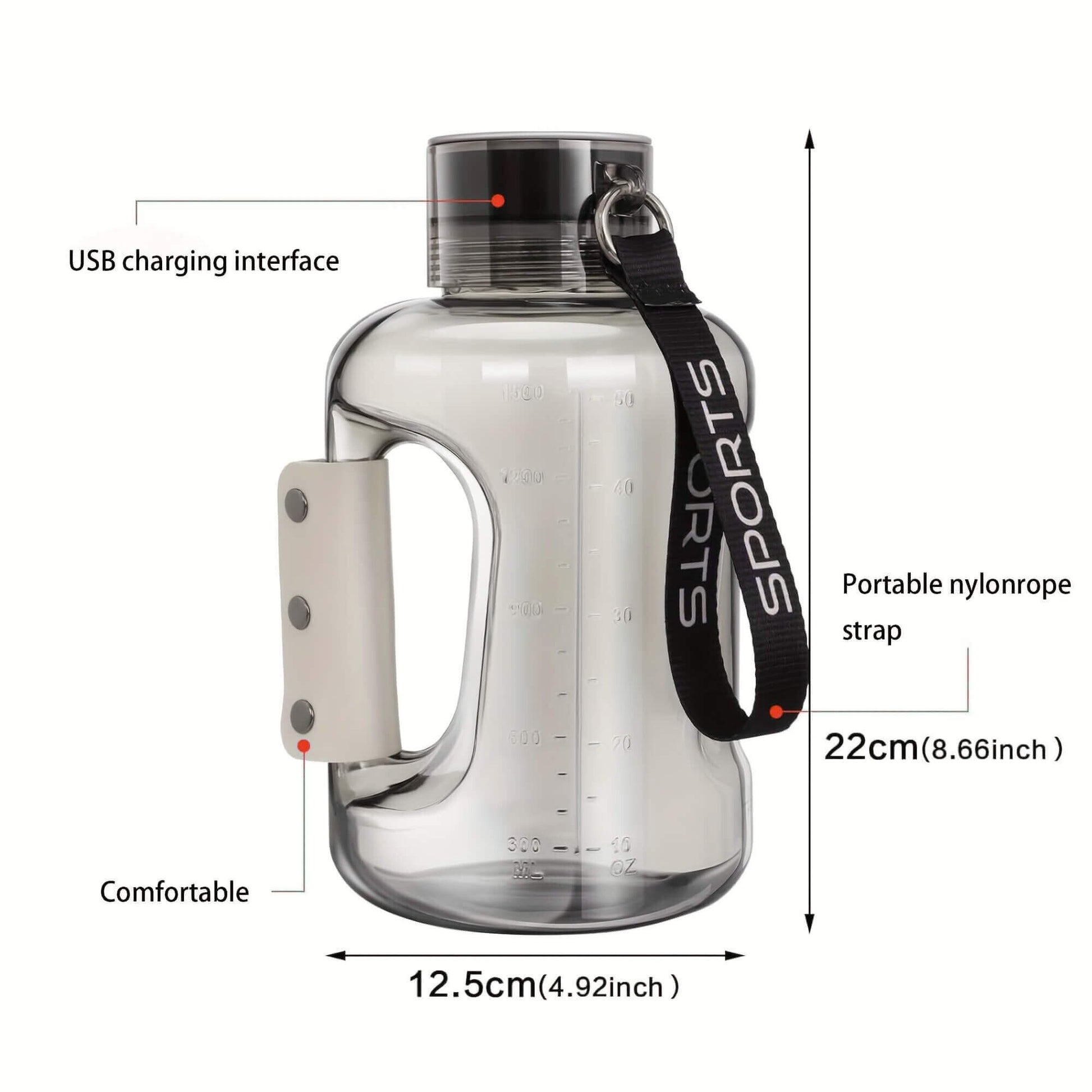 A grey portable water bottle with USB charging interface and measurement markings, featuring a black strap with 'SPORTS' branding.