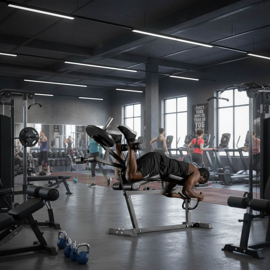 Man exercising on a leg exercise machine in a gym