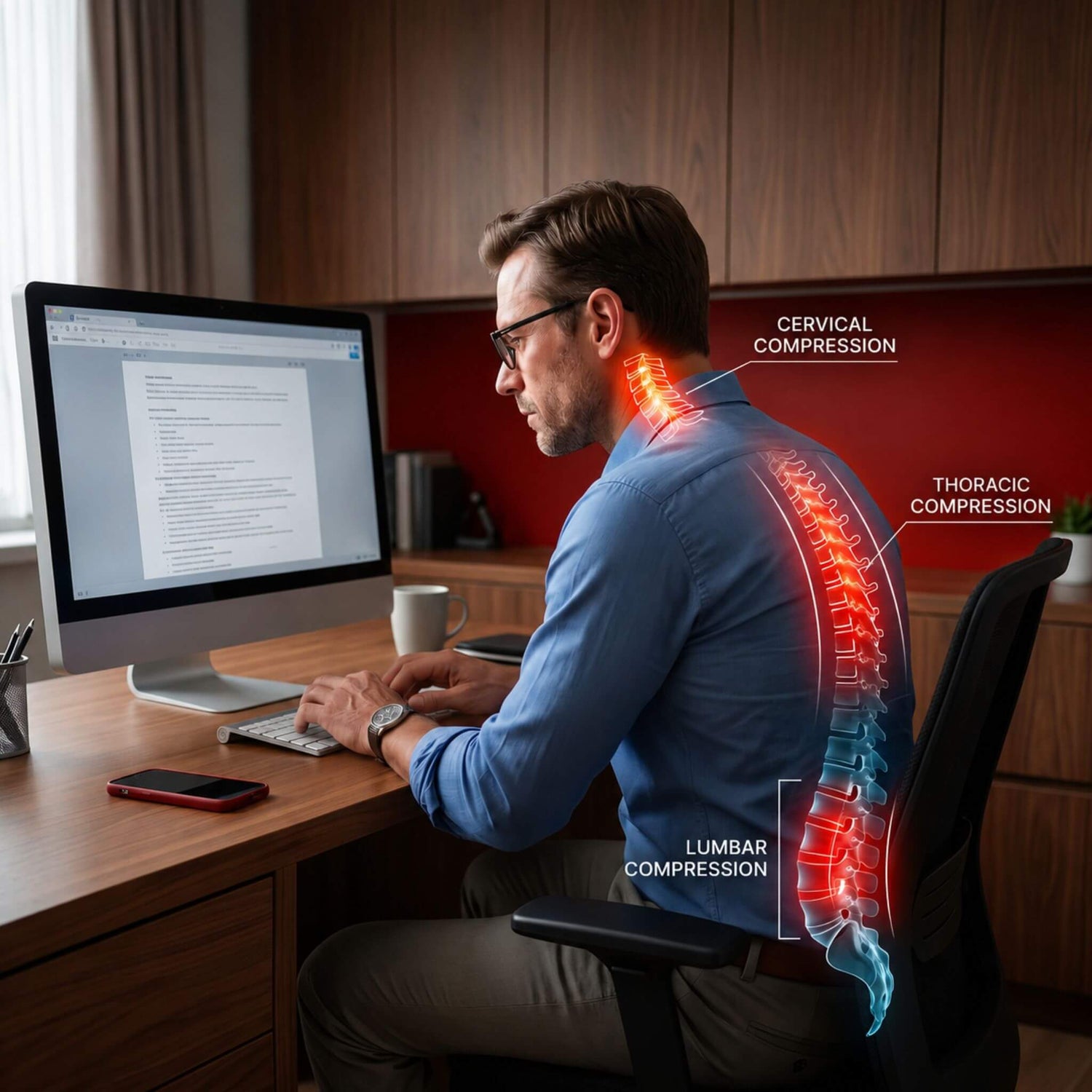 Man sitting at a desk with a computer, showing highlighted areas of his spine indicating compression.