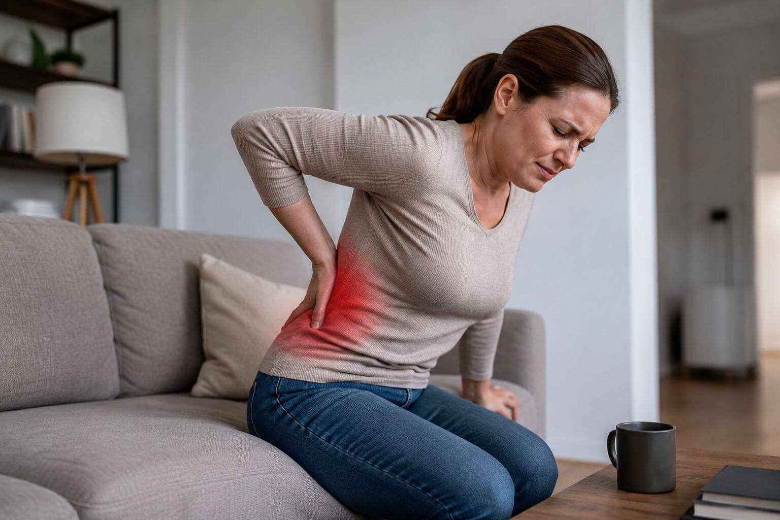 Woman experiencing lower back pain while sitting on a couch in a living room.