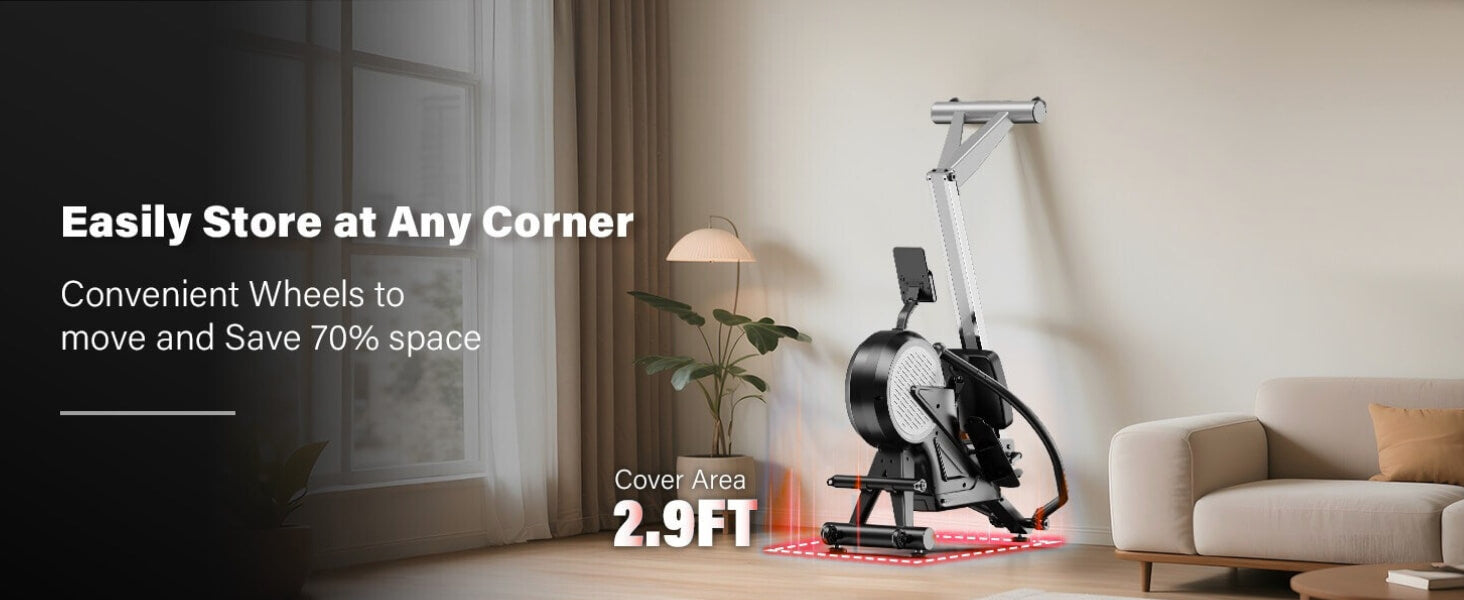 A magnetic rowing machine being stored in a corner