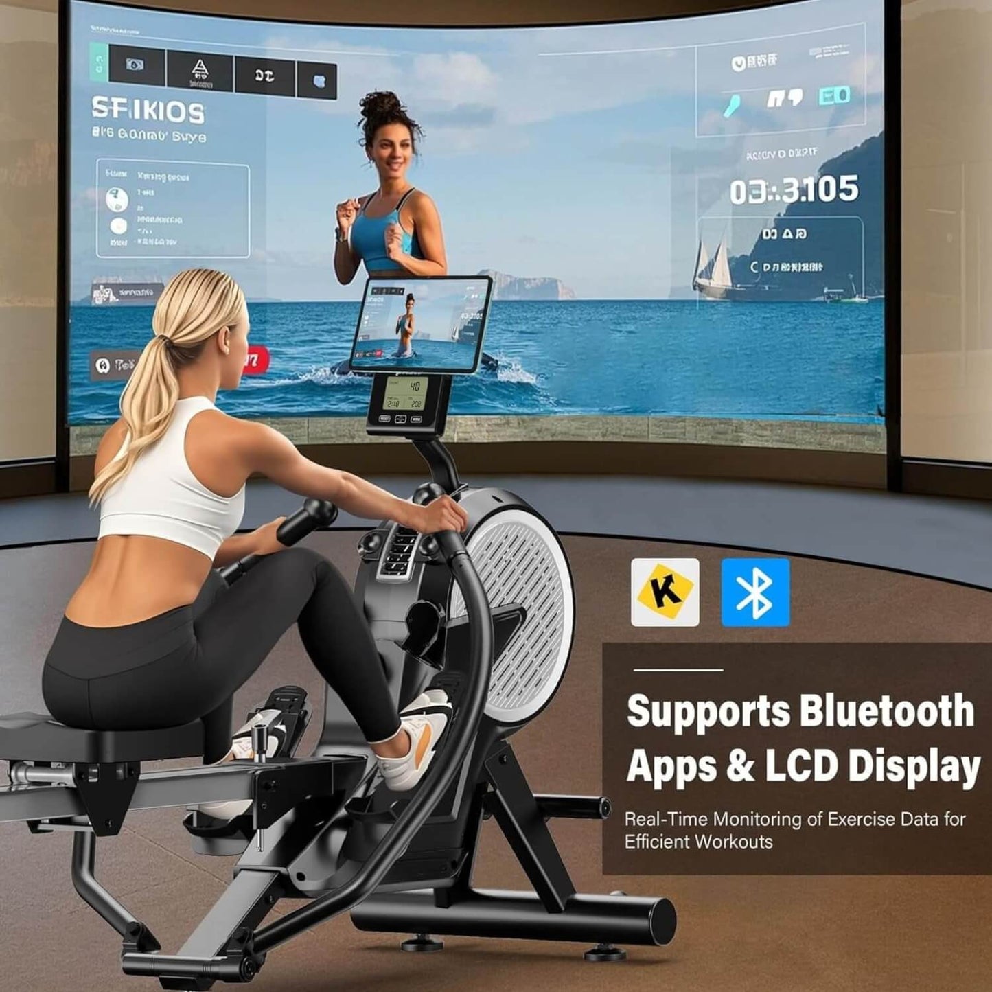 Magnetic rowing machine with single and dual handlebars, featuring a woman using it, on a dark background.