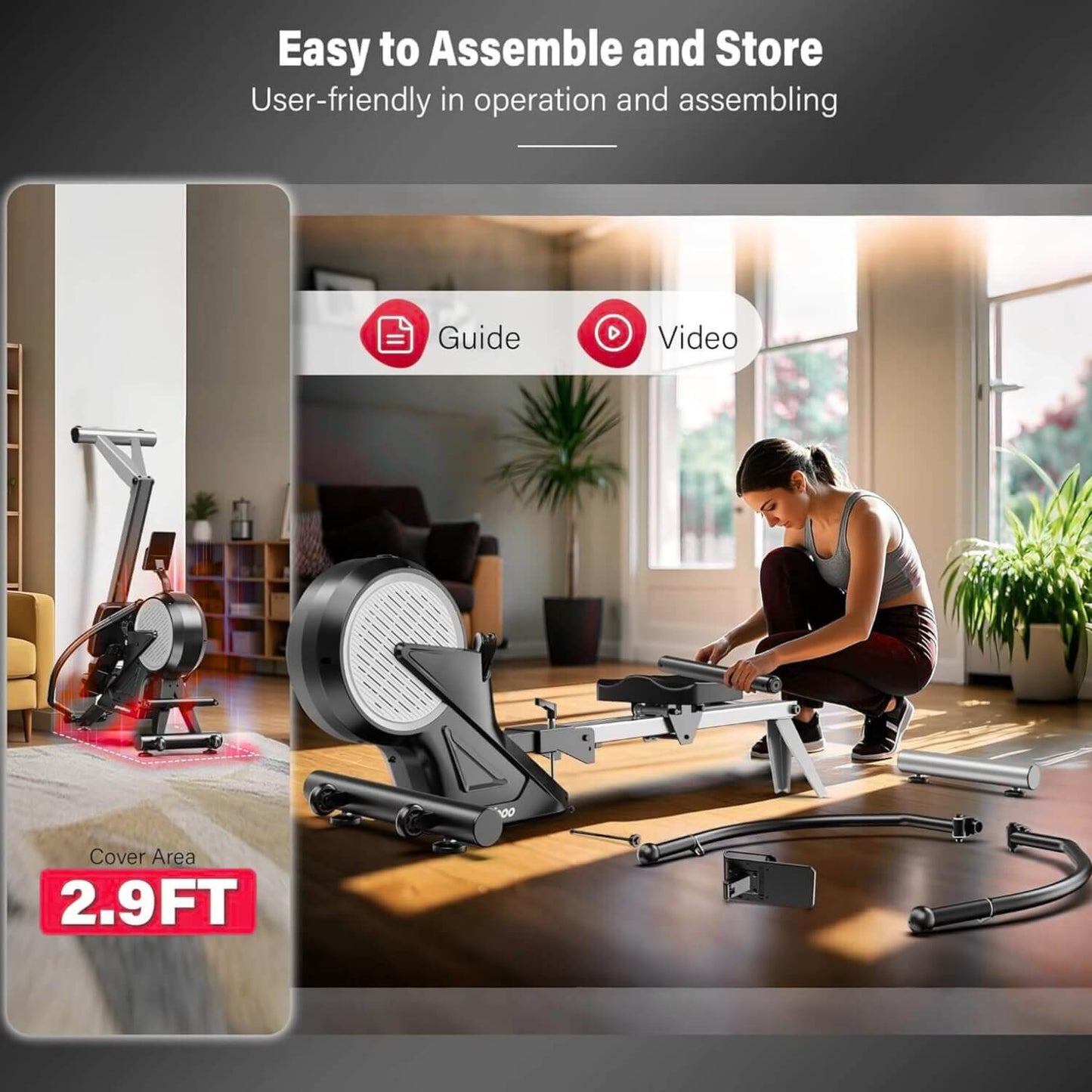 A woman installing her magnetic rowing machine