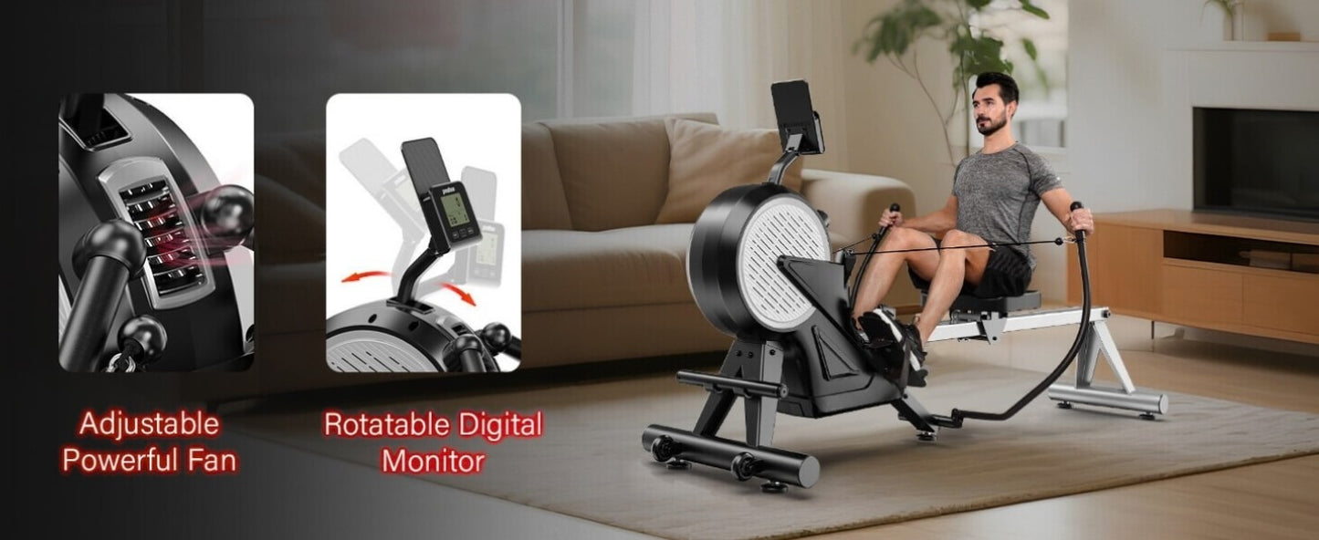 A man working out with a magnetic rowing machine sold by 100 Spartans