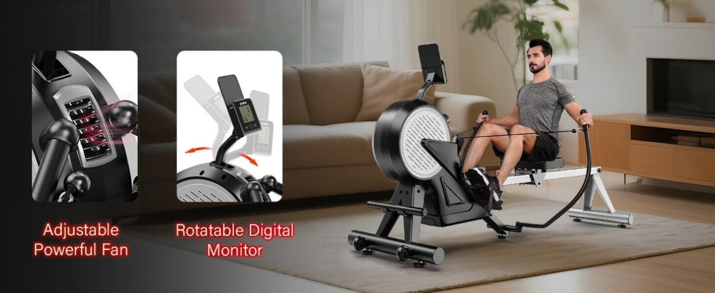 A man working out with a magnetic rowing machine sold by 100 Spartans