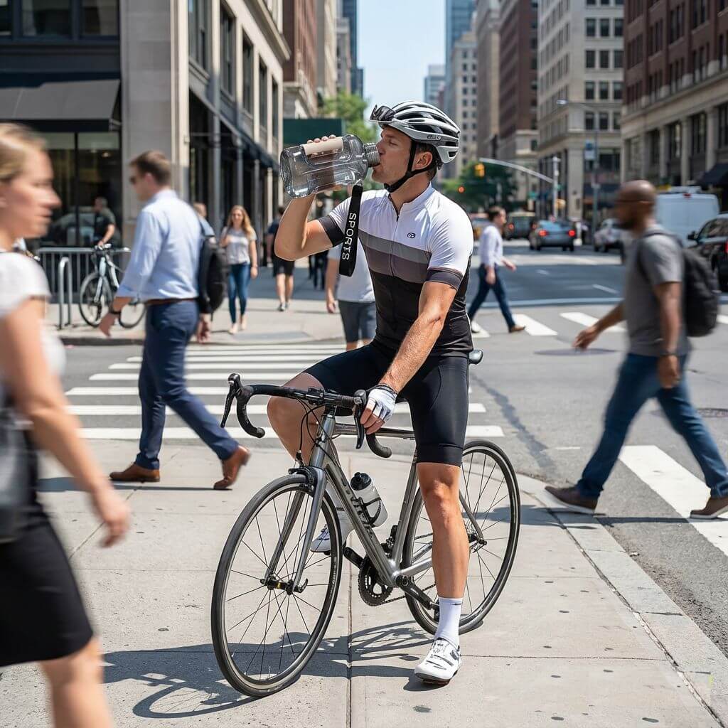Cyclist on a city street drinking from a portable hydrogen water bottle