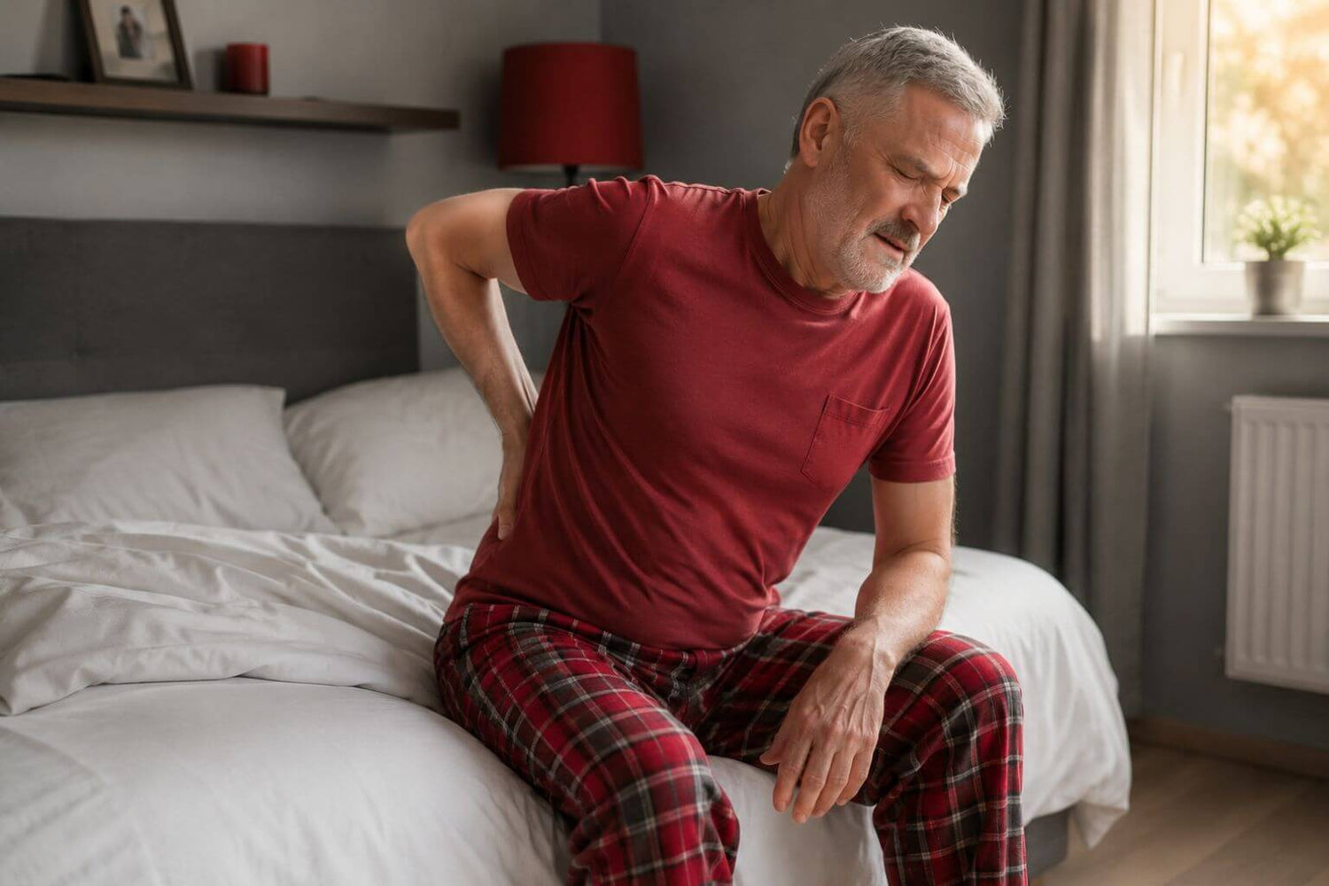 Man in red pajama top and plaid pants experiencing back pain in a bedroom.