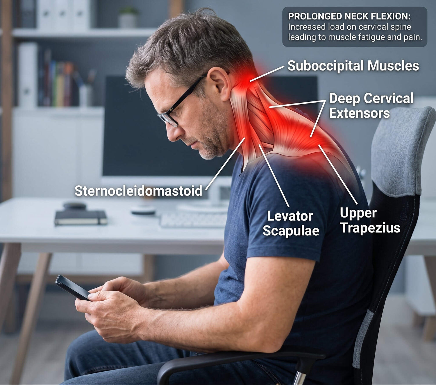 Man sitting at a desk with highlighted muscles showing neck strain, office background.