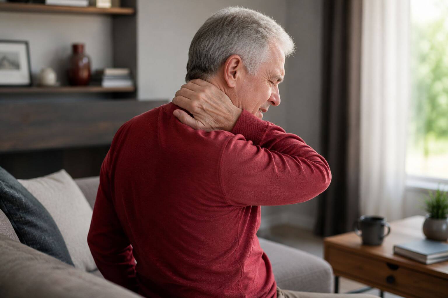 Man in a red sweater suffering from morning stiffness.