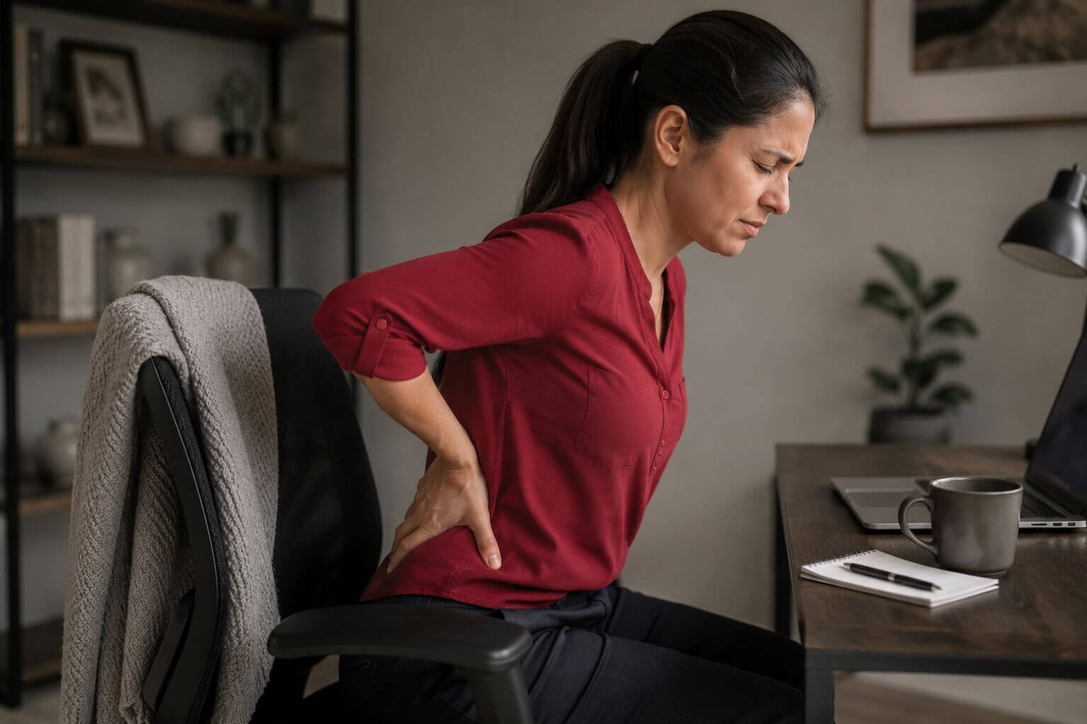 Woman experiencing back pain while sitting at a desk in an office setting.