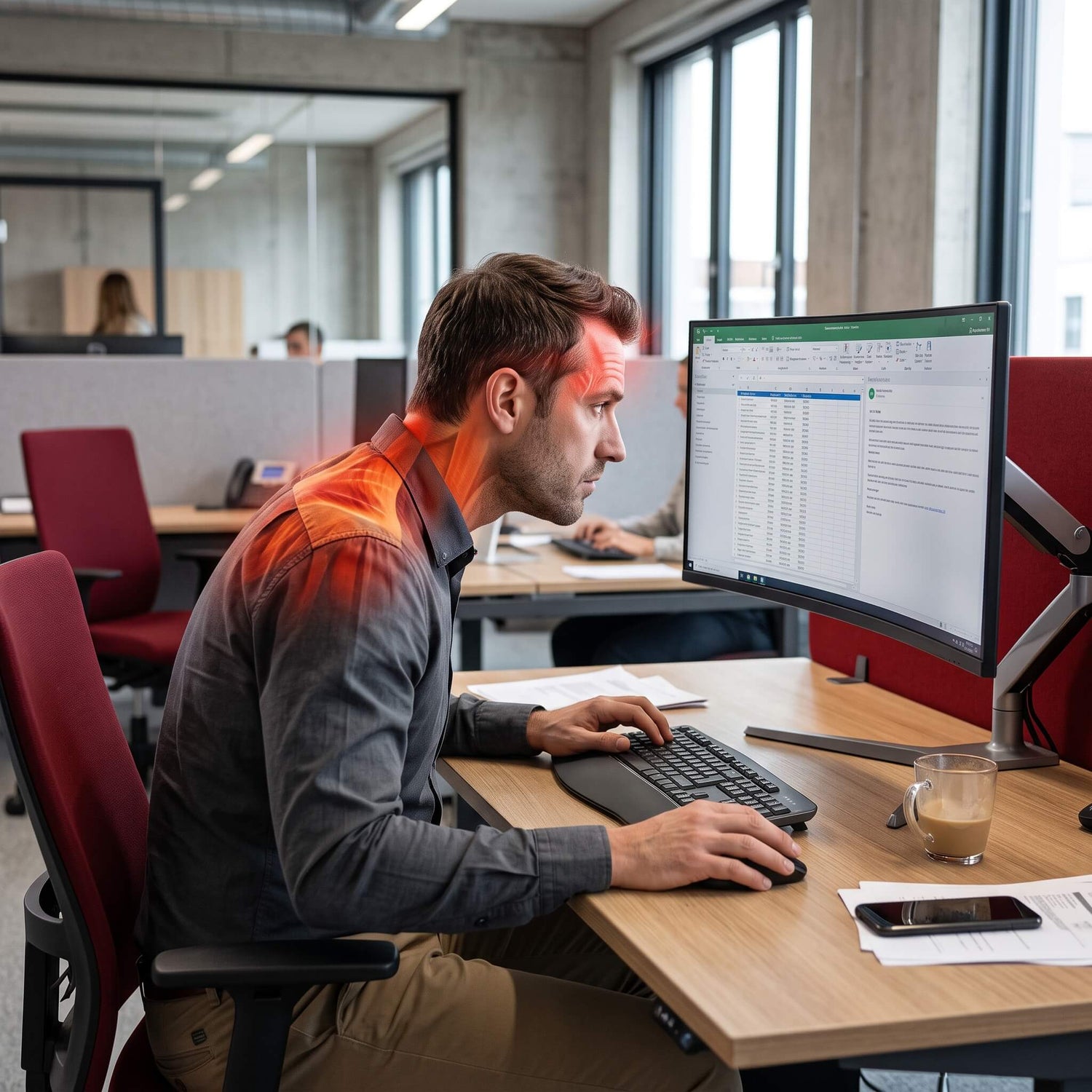 A man working in front of a computer screen in the office.