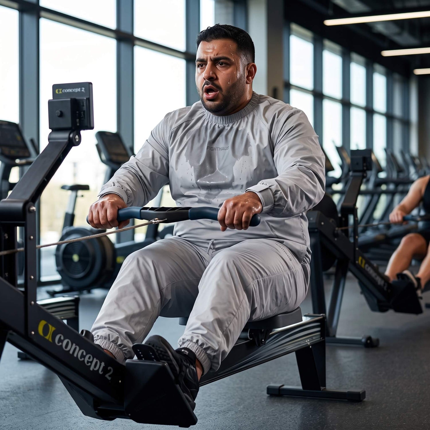 A man wearing a light grey sauna suit while pulling on the handle of a rowing machine.