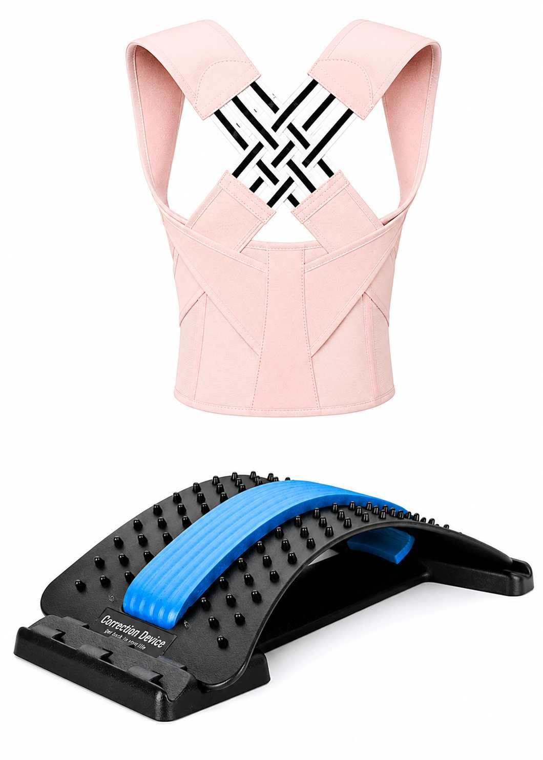 A pink posture corrector brace with black adjustable straps and a black lower support panel, shown above a black foot arch support pad with a blue strap on a white background.