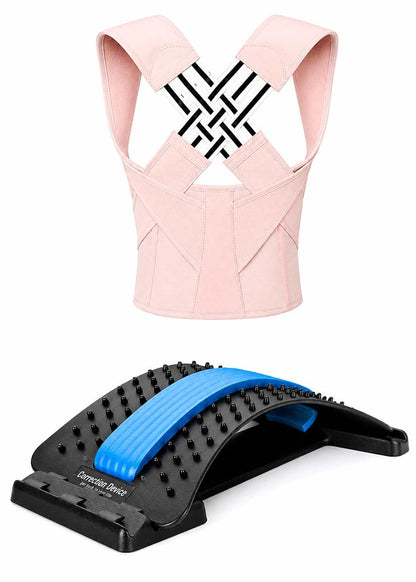 A pink posture corrector brace with black adjustable straps and a black lower support panel, shown above a black foot arch support pad with a blue strap on a white background.