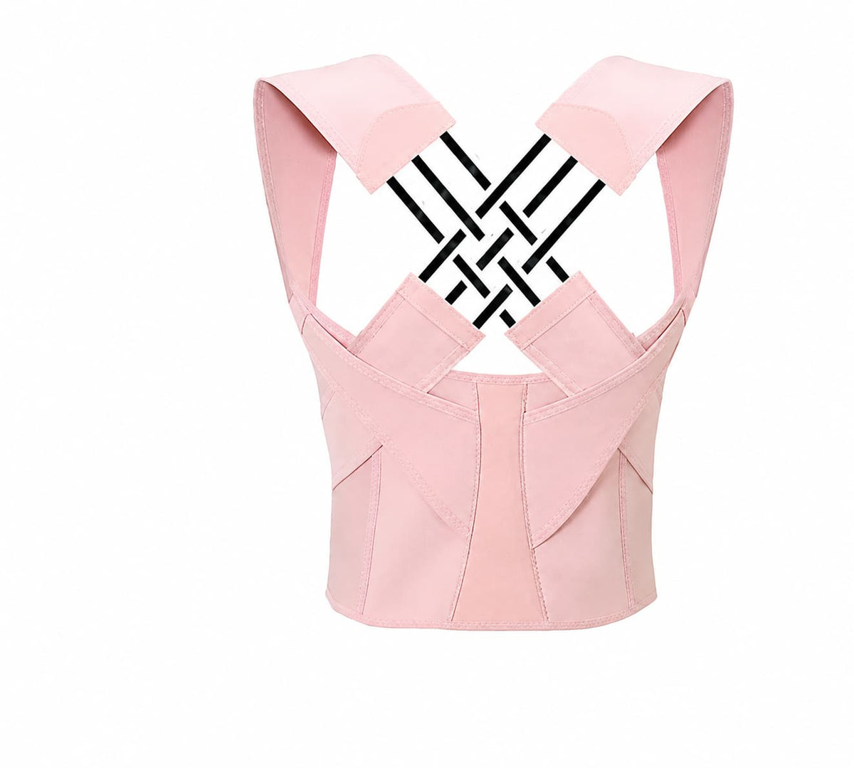 A light pink posture corrector brace shown from the back, featuring wide shoulder straps that cross in a black woven pattern and a structured lower back panel, isolated on a white background.