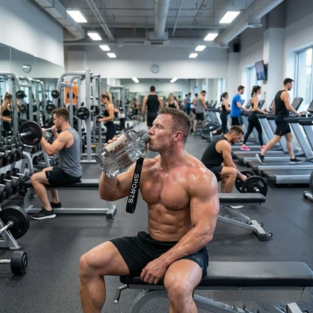 Muscular man drinking water from a portable hydrogen water bottle in a gym setting